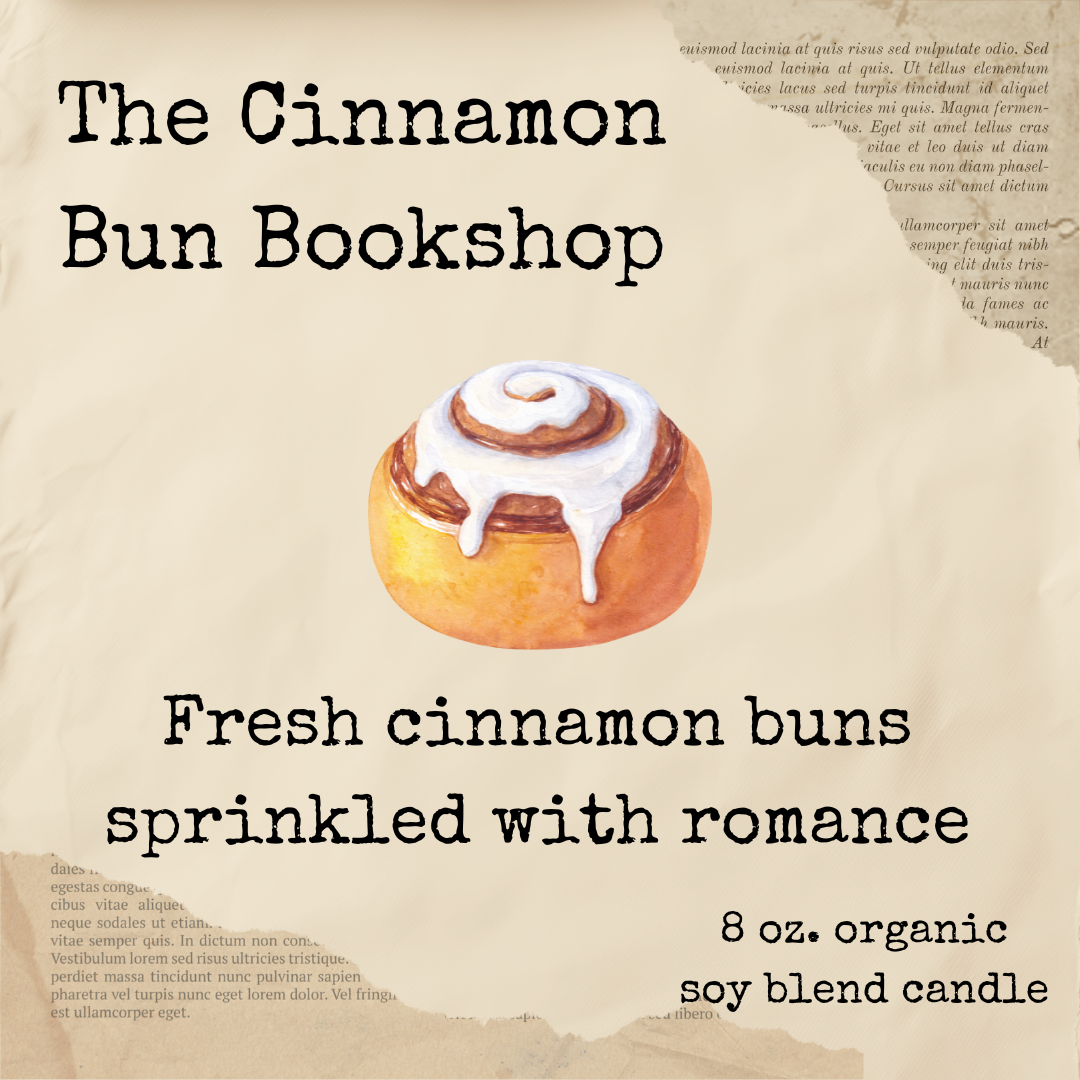 The Cinnamon Bun Bookstore bookish candle label by Lavender Hill Paper Co